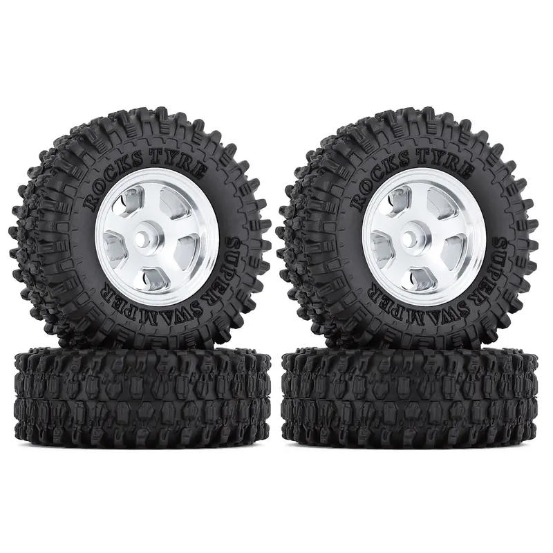 1.0" Beadlock Micro Crawler Alloy Wheel Rims Tires Set (5-Spoke) For 1/24 Rc Crawler Car Axial Scx24 90081 Axi00001 Deadbolt - 4Pc Silver 1