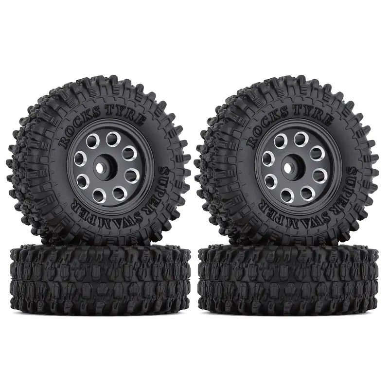 1.0" Beadlock Micro Crawler Alloy Wheel Rims Tires Set (8-Holes) For 1/24 Rc Crawler Car Axial Scx24 90081 Axi00001 Deadbolt - 4Pc Black 1