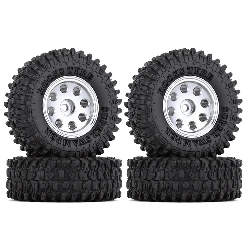 1.0" Beadlock Micro Crawler Alloy Wheel Rims Tires Set (8-Holes) For 1/24 Rc Crawler Car Axial Scx24 90081 Axi00001 Deadbolt - 4Pc Silver 1