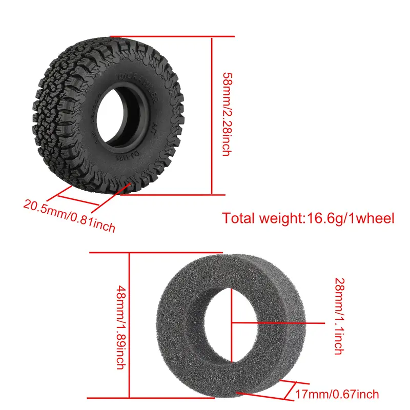 1.0 Inch Adhesive Rubber Tires 53Mm X 20.5Mm With Foam Inserts For Traxxas 1:18 Trx4m Ford Bronco / Land Rover Defender / Axial 1:24 Scx24 Deadbolt / Jeep Wrangler Upgrades 2