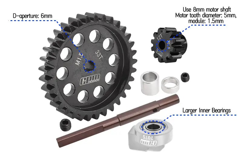 40Cr Carbon Steel M1.5 Spur Gear 33T + Motor Gear 12T For 1:5 Traxxas X Maxx 6S / X Maxx 8S / Xrt 8S Monster Truck 2