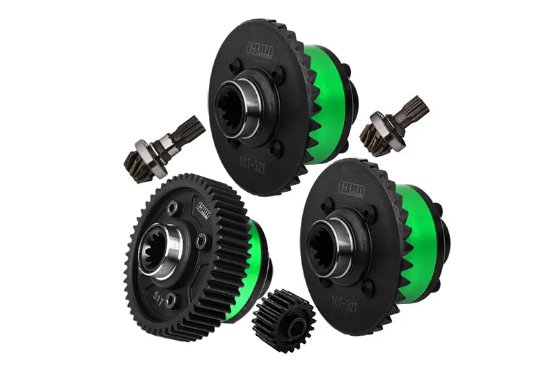 4140 Medium Carbon Steel + Aluminum 7075 Alloy Front & Center & Rear Complete Differential For Traxxas 1:5 X Maxx 6S 8S / Xrt 8S / X Maxx Ultimate 8S / Xrt Ultimate 8S Monster Truck Upgrades - Green 1