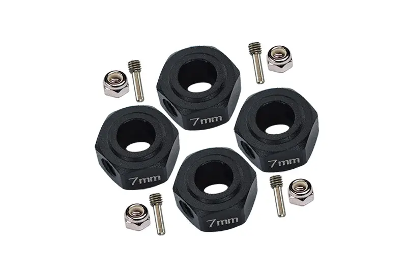 Aluminium Hex Adapter (12Mmx7mm) For Arrma 1:10 Granite / Big Rock 3S / Big Rock V3 3S / Vorteks 3S / Senton 3S / 1:8 Vendetta 3S - 4Pc Set Black 1