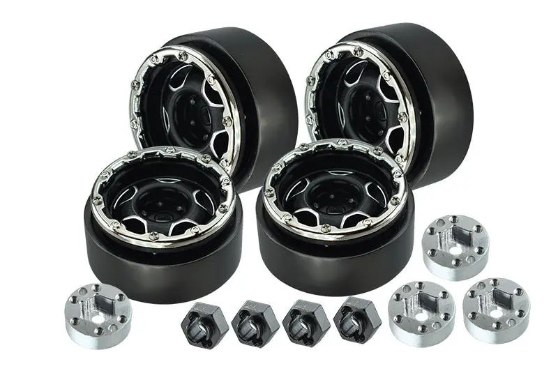Aluminum 1.0 Inch Alloy Beadlock Wheel Rims Set (Star) For Traxxas 1:18 Trx4m Ford Bronco / Trx4m Land Rover Defender / Axial 1:24 Scx24 Deadbolt / Scx24 Jeep Wrangler Upgrades - Black 1