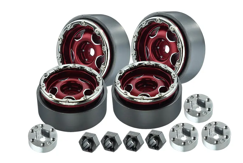Aluminum 1.0 Inch Alloy Beadlock Wheel Rims Set (Star) For Traxxas 1:18 Trx4m Ford Bronco / Trx4m Land Rover Defender / Axial 1:24 Scx24 Deadbolt / Scx24 Jeep Wrangler Upgrades - Red 1