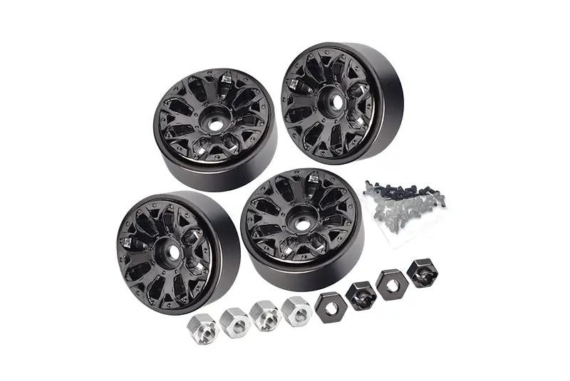 Aluminum 1-Inch Beadlock Alloy Wheel Rims Set (Y-Shape) For Traxxas 1:18 Trx4m Ford Bronco / Trx4m Land Rover Defender / Axial 1:24 Scx24 Deadbolt / Scx24 Jeep Wrangler Upgrades - Black 1
