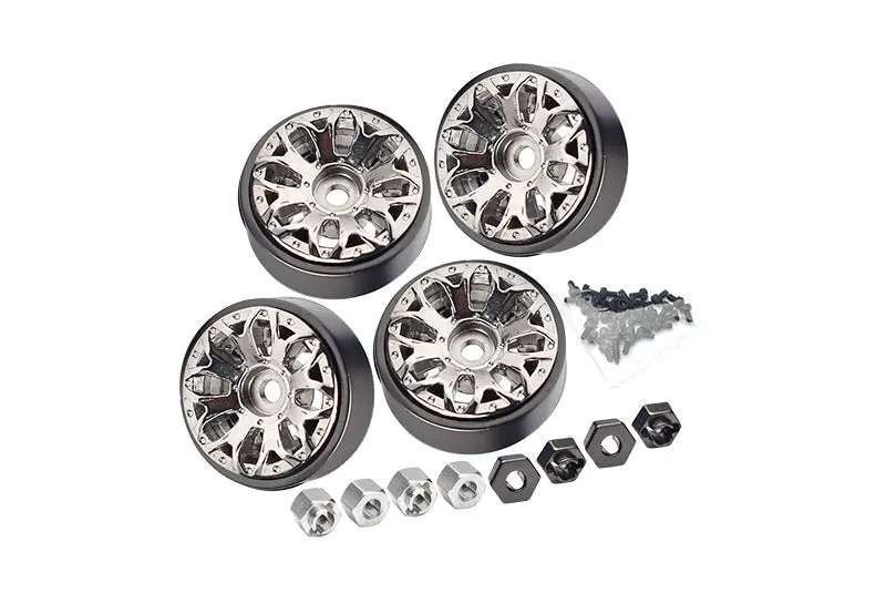 Aluminum 1-Inch Beadlock Alloy Wheel Rims Set (Y-Shape) For Traxxas 1:18 Trx4m Ford Bronco / Trx4m Land Rover Defender / Axial 1:24 Scx24 Deadbolt / Scx24 Jeep Wrangler Upgrades - Silver 1