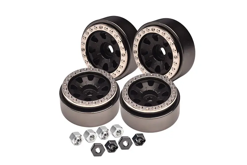 Aluminum 1-Inch Beadlock Wheel Rims Set (8 Poles) For Traxxas 1:18 Trx4m Ford Bronco / Trx4m Land Rover Defender / Axial 1:24 Scx24 Deadbolt / Scx24 Jeep Wrangler Upgrades - Black 1
