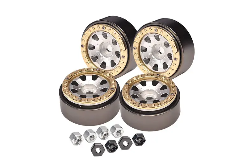 Aluminum 1-Inch Beadlock Wheel Rims Set (8 Poles) For Traxxas 1:18 Trx4m Ford Bronco / Trx4m Land Rover Defender / Axial 1:24 Scx24 Deadbolt / Scx24 Jeep Wrangler Upgrades - Silver 1