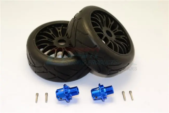 Aluminum 13Mm Hex Adapters + Rubber Radial Tires With Plastic Wheels For Arrma Typhon / Senton - 8Pcs Set Blue 1