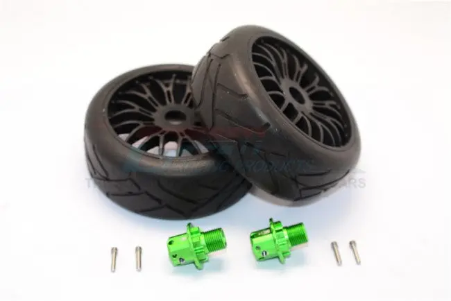 Aluminum 13Mm Hex Adapters + Rubber Radial Tires With Plastic Wheels For Arrma Typhon / Senton - 8Pcs Set Green 1