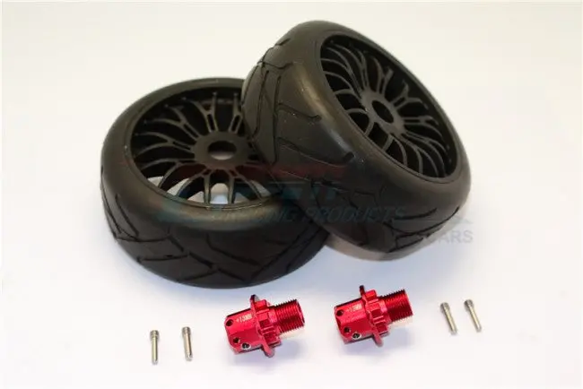 Aluminum 13Mm Hex Adapters + Rubber Radial Tires With Plastic Wheels For Arrma Typhon / Senton - 8Pcs Set Red 1