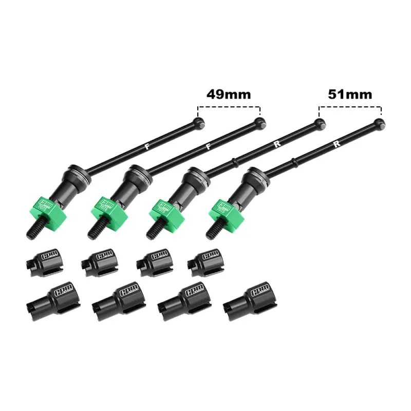 Aluminum 4140 Carbon Steel Front & Rear Cvd Drive Shafts With Alloy 7075 Wheel Hex (Pins Thickened 2Mm) For Arrma 1:18 Granite Grom / 1:14 Typhon Grom Small Scale Buggy Upgrades - Green 2