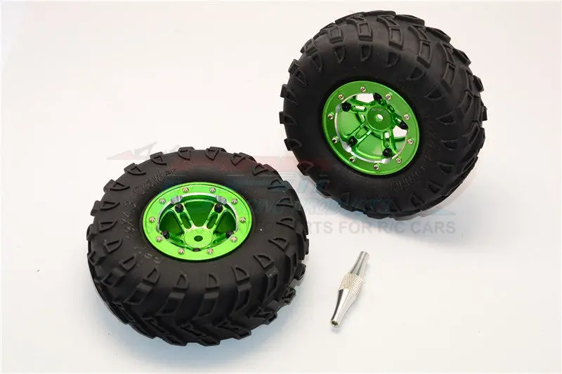 Aluminum 5 Poles Simulation Wheels In Silver Edge With 1.9" Tire & Hex Tool (Inner Black & Outer Silver Screws) - 1Pr Set Green 1