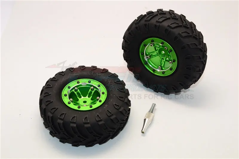 Aluminum 5 Poles Simulation Wheels In Silver Edge With 1.9" Tire & Hex Tool (Inner Silver & Outer Black Screws) - 1Pr Set Green 1