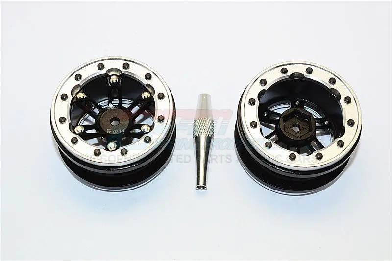 Aluminum 6 Poles Simulation Wheels In Silver Edge For 1.9" Tire With Hex Tool - 1Pr Set Black+Silver 1