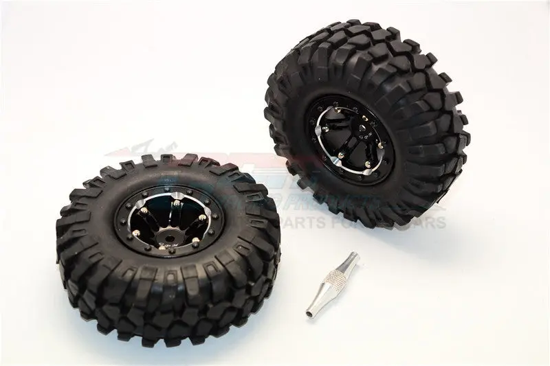 Aluminum 6 Poles Simulation Wheels In Silver Edge With 1.9" Crawler Tire & Hex Tool (Inner Silver & Outer Black Screws) - 1Pr Set Black 1
