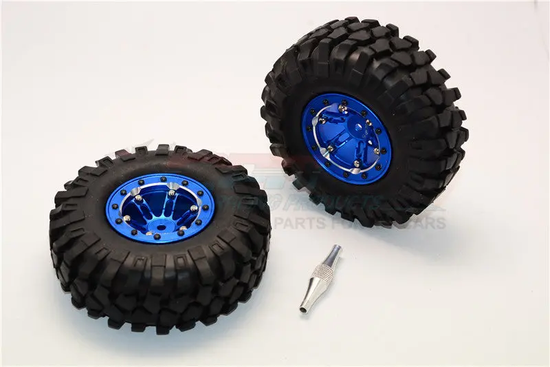Aluminum 6 Poles Simulation Wheels In Silver Edge With 1.9" Crawler Tire & Hex Tool (Inner Silver & Outer Black Screws) - 1Pr Set Blue 1