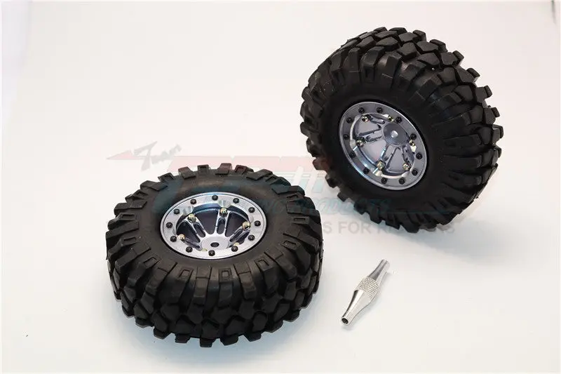 Aluminum 6 Poles Simulation Wheels In Silver Edge With 1.9" Crawler Tire & Hex Tool (Inner Silver & Outer Black Screws) - 1Pr Set Gray Silver 1