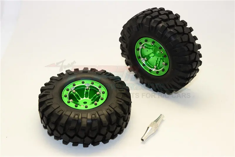 Aluminum 6 Poles Simulation Wheels In Silver Edge With 1.9" Crawler Tire & Hex Tool (Inner Silver & Outer Black Screws) - 1Pr Set Green 1