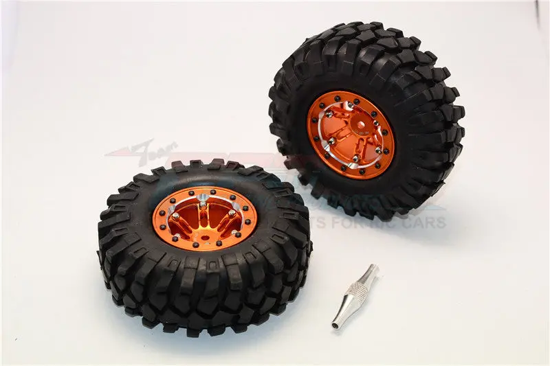 Aluminum 6 Poles Simulation Wheels In Silver Edge With 1.9" Crawler Tire & Hex Tool (Inner Silver & Outer Black Screws) - 1Pr Set Orange 1