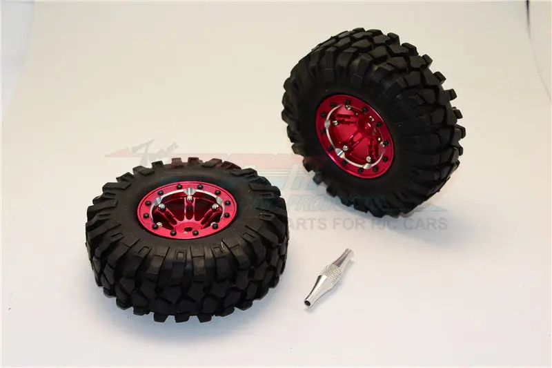Aluminum 6 Poles Simulation Wheels In Silver Edge With 1.9" Crawler Tire & Hex Tool (Inner Silver & Outer Black Screws) - 1Pr Set Red 1