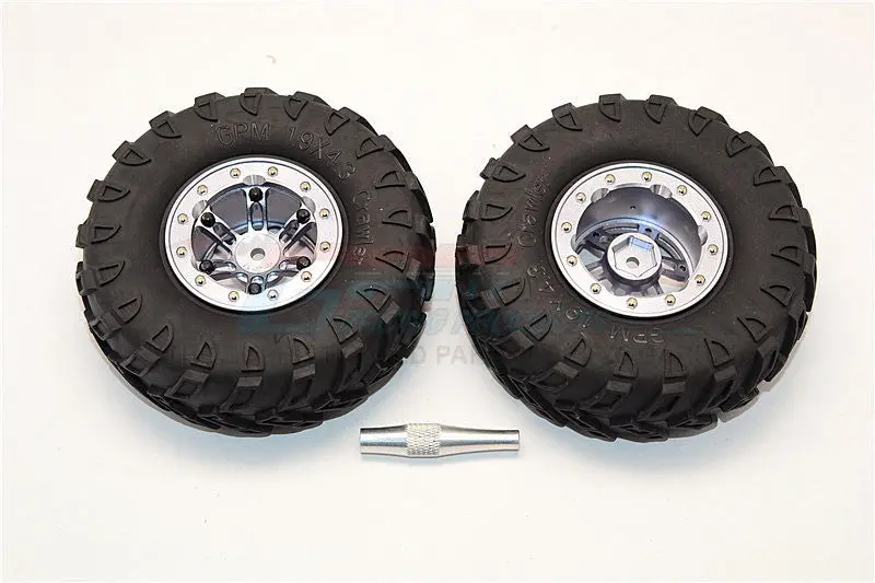 Aluminum 6 Poles Simulation Wheels In Silver Edge With 1.9" Tire & Hex Tool (Inner Black & Outer Silver Screws) - 1Pr Set Gray Silver 1