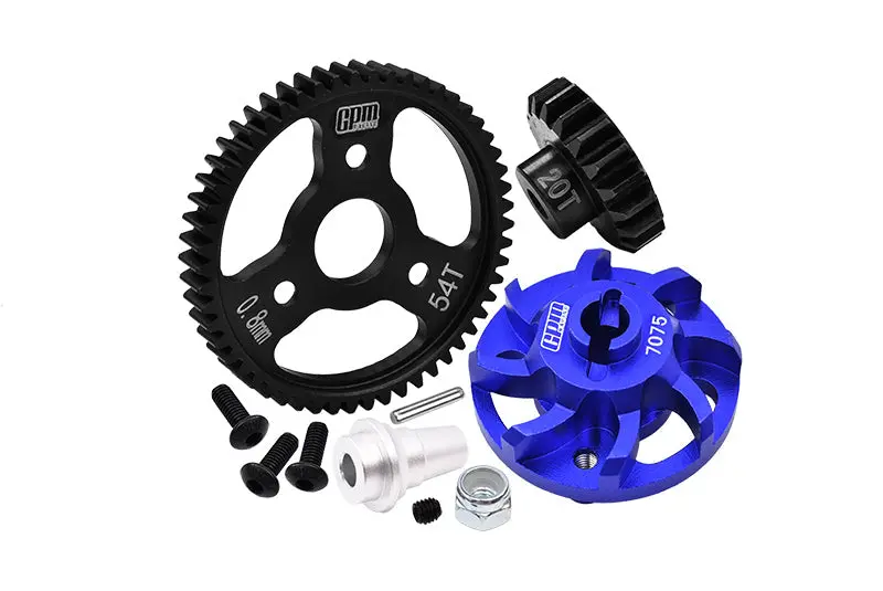 Aluminum 7075 Alloy Spur Gear Adapter With Steel 32 Pitch 54T Spur Gear & 20T Motor Gear For Traxxas 1/10 Slash 4X4 Lcg-68086-21 Upgrades - Blue 1