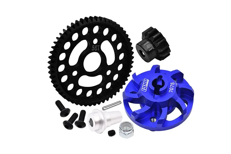 Aluminum 7075 Alloy Spur Gear Adapter With Steel 32 Pitch 56T Spur Gear & 14T Motor Gear For Traxxas 1/10 Slash 4X4 Lcg-68086-21 Upgrades - Blue 1