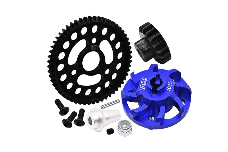 Aluminum 7075 Alloy Spur Gear Adapter With Steel 32 Pitch 56T Spur Gear & 18T Motor Gear For Traxxas 1/10 Slash 4X4 Lcg-68086-21 Upgrades - Blue 1