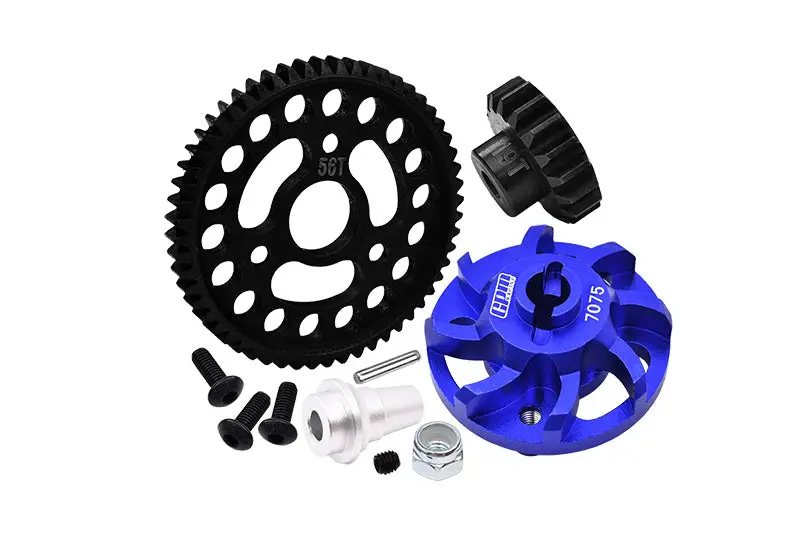 Aluminum 7075 Alloy Spur Gear Adapter With Steel 32 Pitch 56T Spur Gear & 19T Motor Gear For Traxxas 1/10 Slash 4X4 Lcg-68086-21 Upgrades - Blue 1