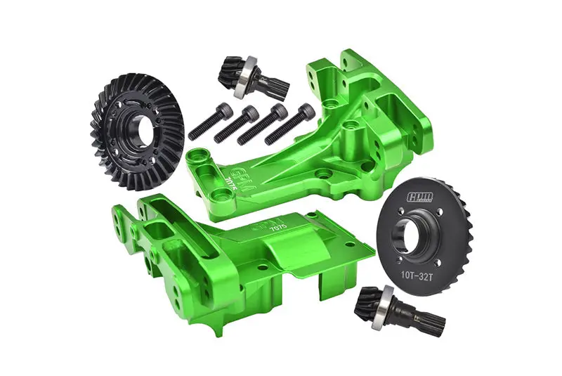 Aluminum 7075-T6 Front And Rear Upper Bulkhead + Medium Carbon Steel 32/10T Front And Rear Differential Gear Set For 1:5 Traxxas X Maxx 8S 77086-4 / Xrt 8S 78086-4 Monster Truck Upgrades - Green 1