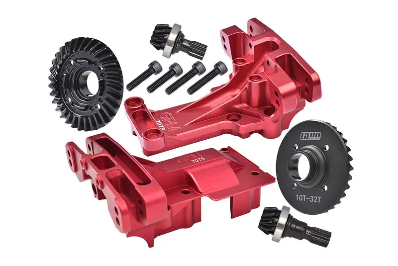 Aluminum 7075-T6 Front And Rear Upper Bulkhead + Medium Carbon Steel 32/10T Front And Rear Differential Gear Set For 1:5 Traxxas X Maxx 8S 77086-4 / Xrt 8S 78086-4 Monster Truck Upgrades - Red 1