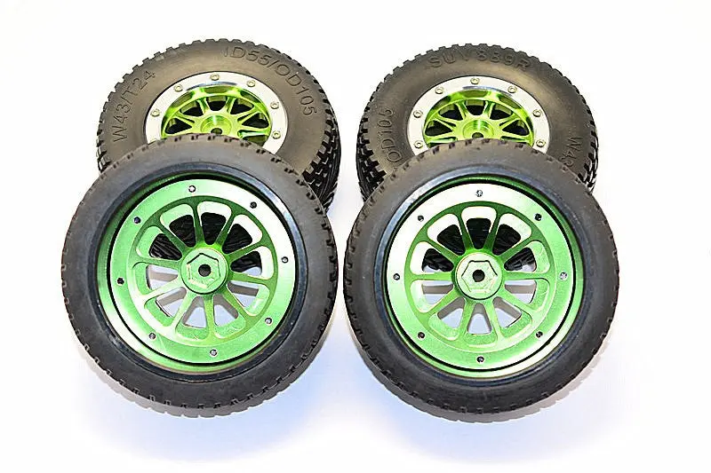 Axial Exo Rubber Front & Rear Tires With Nylon Rims Frame & Alloy 10 Poles Beadlock Rims - 2Prs Set Green 1