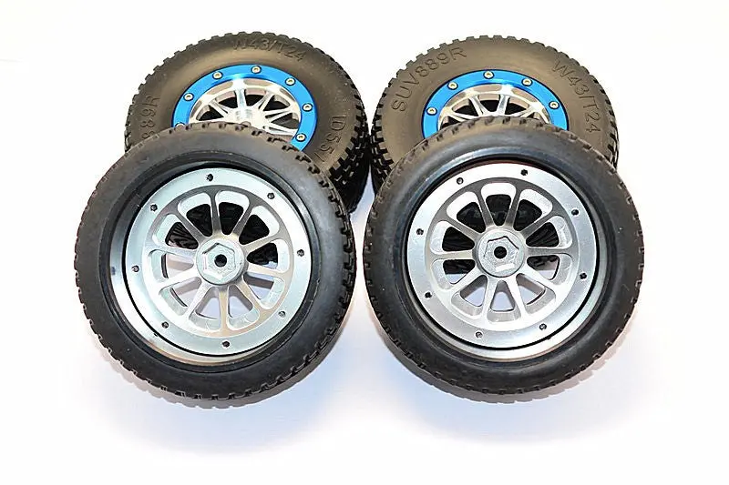 Axial Exo Rubber Front & Rear Tires With Nylon Rims Frame & Alloy 10 Poles Beadlock Rims - 2Prs Set Silver 1