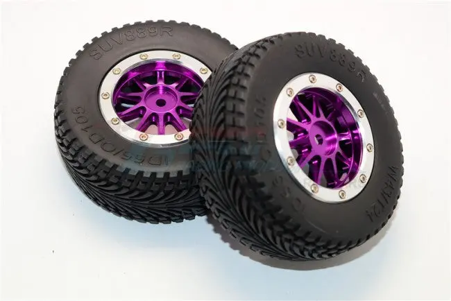 Axial Exo Rubber Rear Tires With Nylon Rims Frame & Aluminum 10 Poles Beadlock Rims (12Mm Hex Short Course Wheels) - 1Pr Set Purple 1