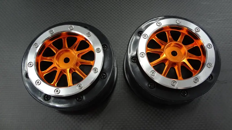 Axial Exo & Scx10 Nylon Front Rims Frame With Aluminum 10 Poles Beadlock Rims - 1Pr Set Orange+Silver 1
