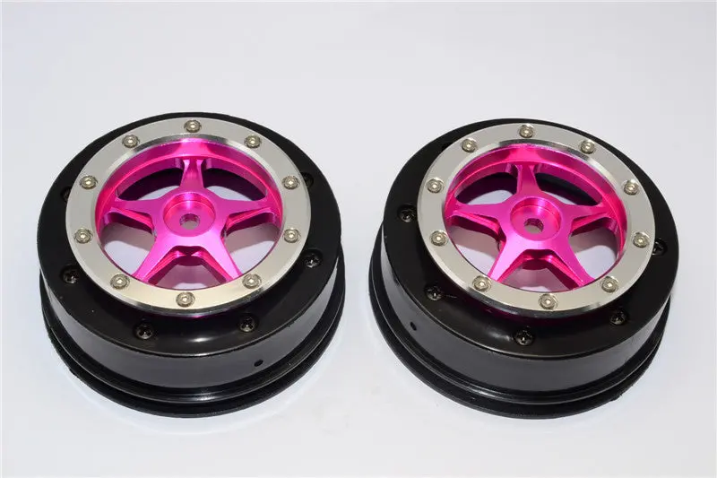 Axial Exo & Scx10 Nylon Front Rims Frame With Aluminum 5 Star Beadlock Rims - 1Pr Set Pink 1