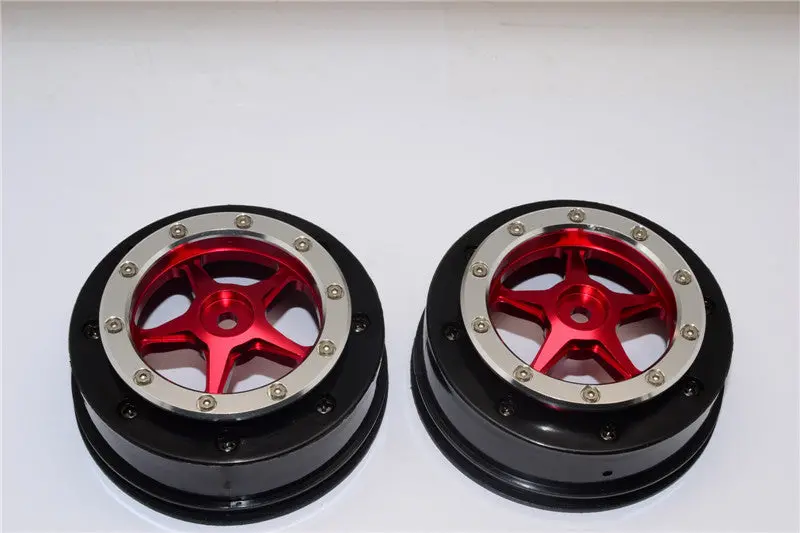 Axial Exo & Scx10 Nylon Front Rims Frame With Aluminum 5 Star Beadlock Rims - 1Pr Set Red 1