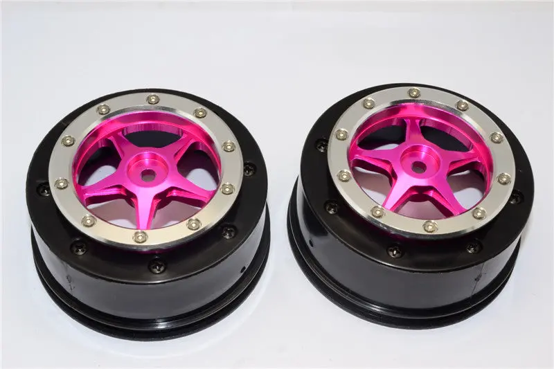 Axial Exo & Scx10 Nylon Rear Rims Frame With Aluminum 5 Star Beadlock Rims - 1Pr Set Pink 1