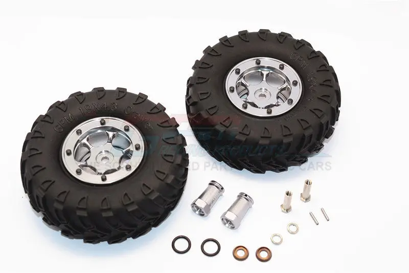 Axial Scx10 Ii (Ax90046, Ax90047) 1.9 Inch Rubber Tires With Aluminum 6 Poles Wheels & 23Mm Hex Adapters - 1Pr Set Gray Silver 1
