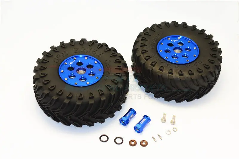 Axial Scx10 Ii (Ax90046, Ax90047) 2.2 Inch Rubber Tires With Aluminum Beadlock Weighted Wheels & 25Mm Hex Adapters - 1Pr Set Blue 1