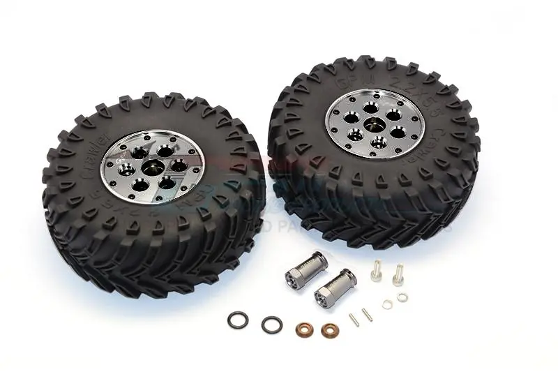 Axial Scx10 Ii (Ax90046, Ax90047) 2.2 Inch Rubber Tires With Aluminum Beadlock Weighted Wheels & 25Mm Hex Adapters - 1Pr Set Gray Silver 1