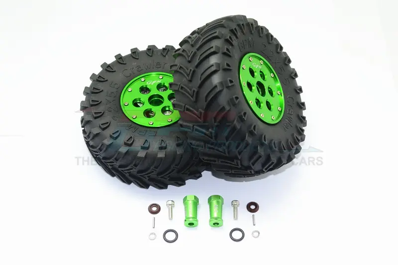 Axial Scx10 Ii (Ax90046, Ax90047) 2.2 Inch Rubber Tires With Aluminum Beadlock Weighted Wheels & 25Mm Hex Adapters - 1Pr Set Green 1