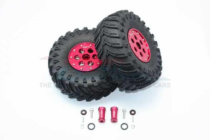 Axial Scx10 Ii (Ax90046, Ax90047) 2.2 Inch Rubber Tires With Aluminum Beadlock Weighted Wheels & 25Mm Hex Adapters - 1Pr Set Red 1