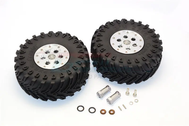 Axial Scx10 Ii (Ax90046, Ax90047) 2.2 Inch Rubber Tires With Aluminum Beadlock Weighted Wheels & 25Mm Hex Adapters - 1Pr Set Silver 1