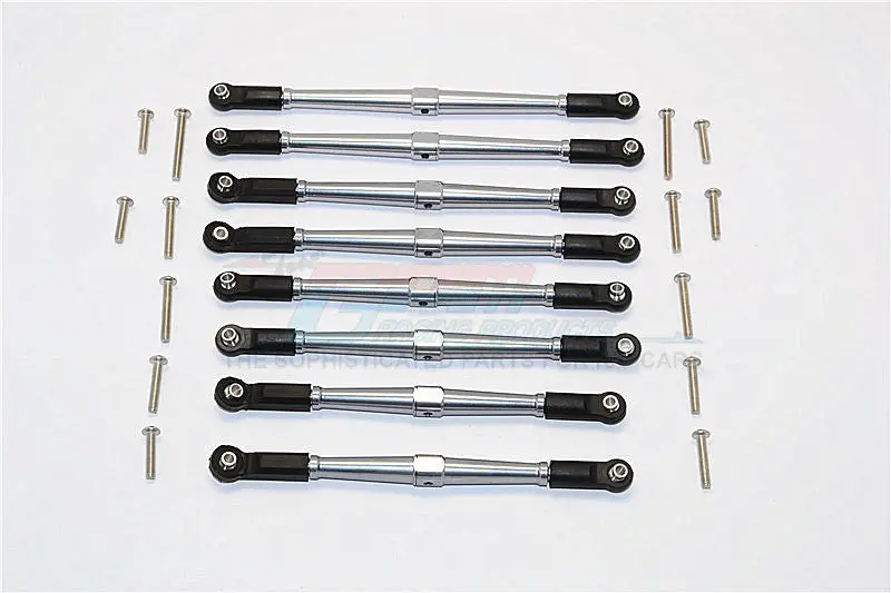 Axial Scx10 Ii (Ax90046, Ax90047) Aluminum Front+Rear Rod Link With Plastic Ends (For 330Mm Wheelbase) - 8Pcs Set Gray Silver 1