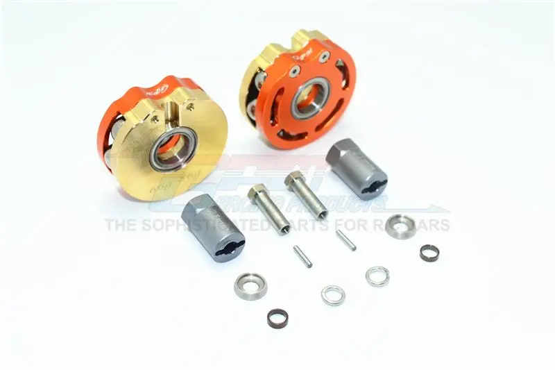 Axial Scx10 & Scx10 Ii Brass Pendulum Wheel Knuckle Axle Weight With Alloy Lid + 21Mm Hex Adapter - 1Pr Set Orange 1
