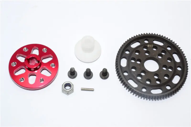 Axial Scx10 & Wraith Steel #45 Spur Gear 48 Pitch 81T + Aluminum Spur Gear Adapter - 1 Set Red 1