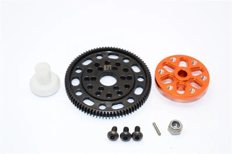 Axial Scx10 & Wraith Steel #45 Spur Gear 48 Pitch 87T + Aluminum Spur Gear Adapter - 1 Set Orange 1